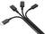 Vier schwarze USB-Kabel mit unterschiedlichen Anschlüssen: Lightning, USB-C und Micro-USB, die sich verzweigen.