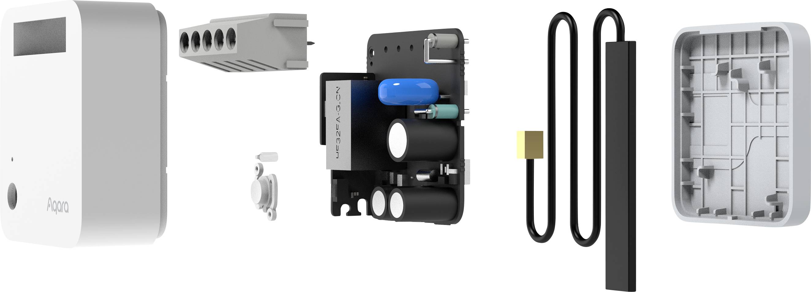 Ein auseinandergebauter elektrischer Türöffner: Abdeckung links, Kabelklemmen, diverse elektronische Bauteile und Gehäuseteile rechts.