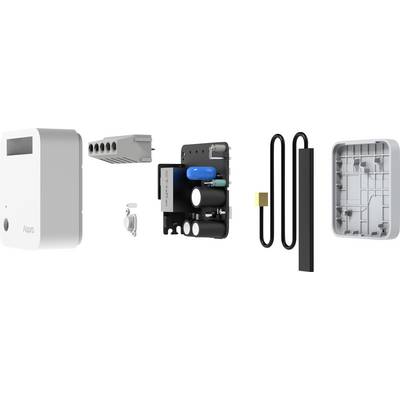 Ein auseinandergebauter elektrischer Türöffner: Abdeckung links, Kabelklemmen, diverse elektronische Bauteile und Gehäuseteile rechts.