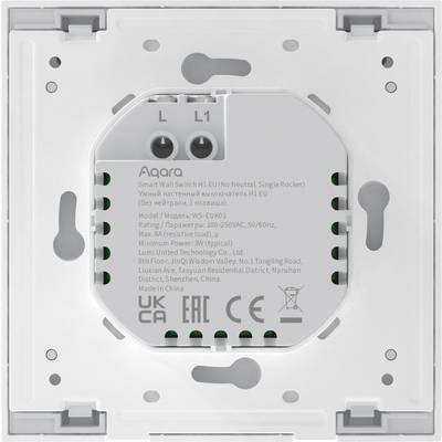 Ein weißer Wandlichtschalter von Aqara, Modellnummer WS-EUK01, montiert in einer quadratischen Halterung, mit technischen Spezifikationen.