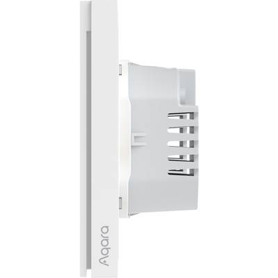 Seitliche Ansicht eines Aqara-Smart-Lichtschalters mit weißem Gehäuse und Belüftungsschlitzen, montierbar an der Wand.
