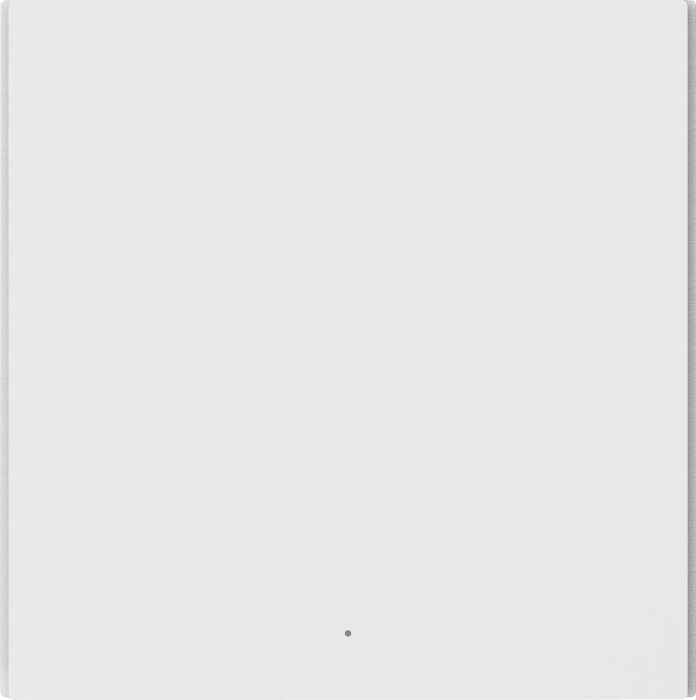 Ein minimalistischer, weißer, quadratischer Gegenstand mit einem kleinen, dunklen Punkt in der Mitte.