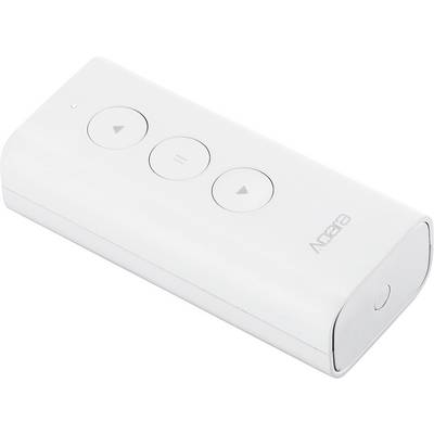 Ein weißer, rechteckiger Bluetooth-Fernauslöser mit drei kreisförmigen Tasten: links ein Pfeil nach unten, Mitte eine Stopp-Taste, rechts ein Pfeil nach oben.