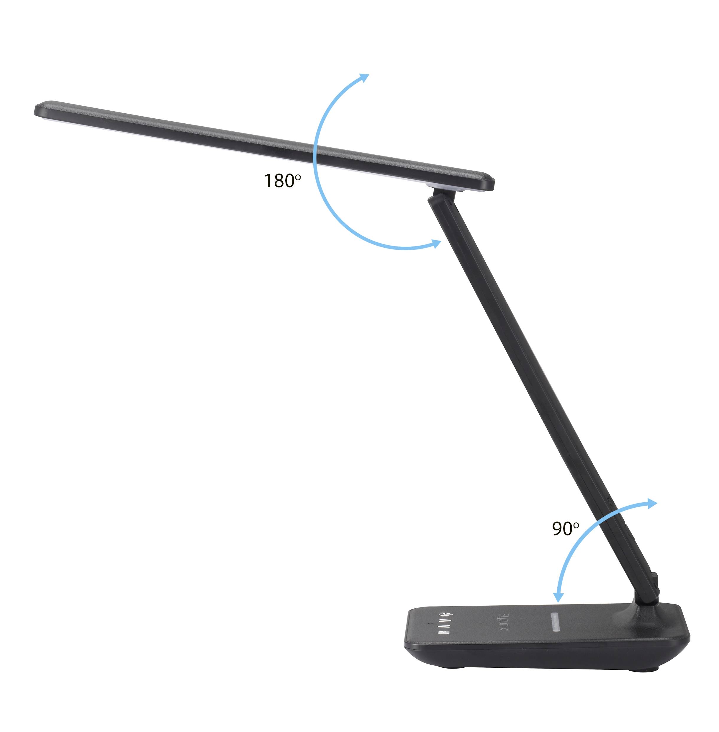 Schwarze Tischlampe, drehbar um 180° am Leuchtenarm und 90° an der Basis, zeigt Flexibilität der Beleuchtungsposition.