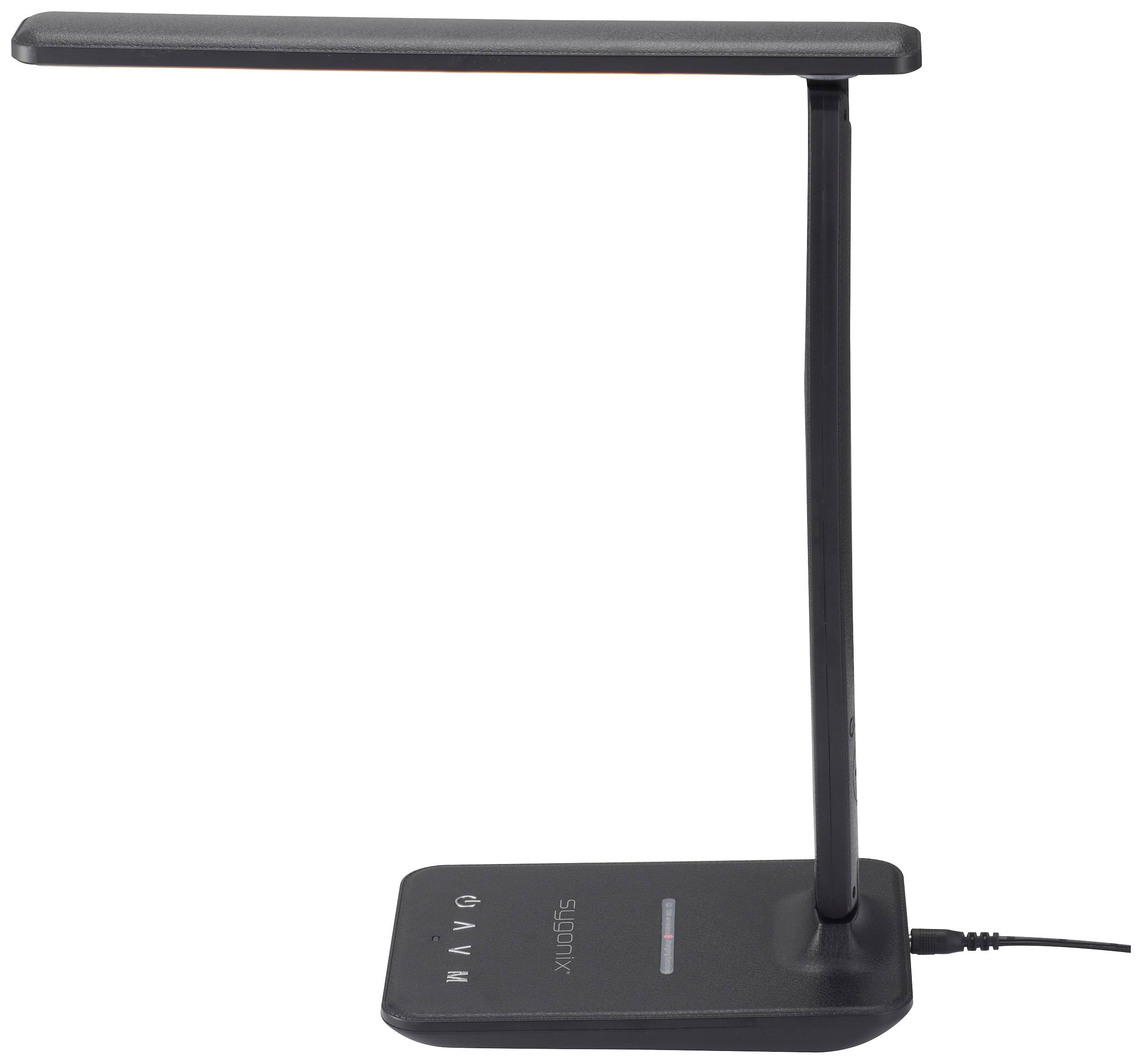 Eine schwarze, moderne Tischlampe mit einem rechteckigen Leuchtkopf und minimalistischer Basis, angeschlossen an ein Kabel.