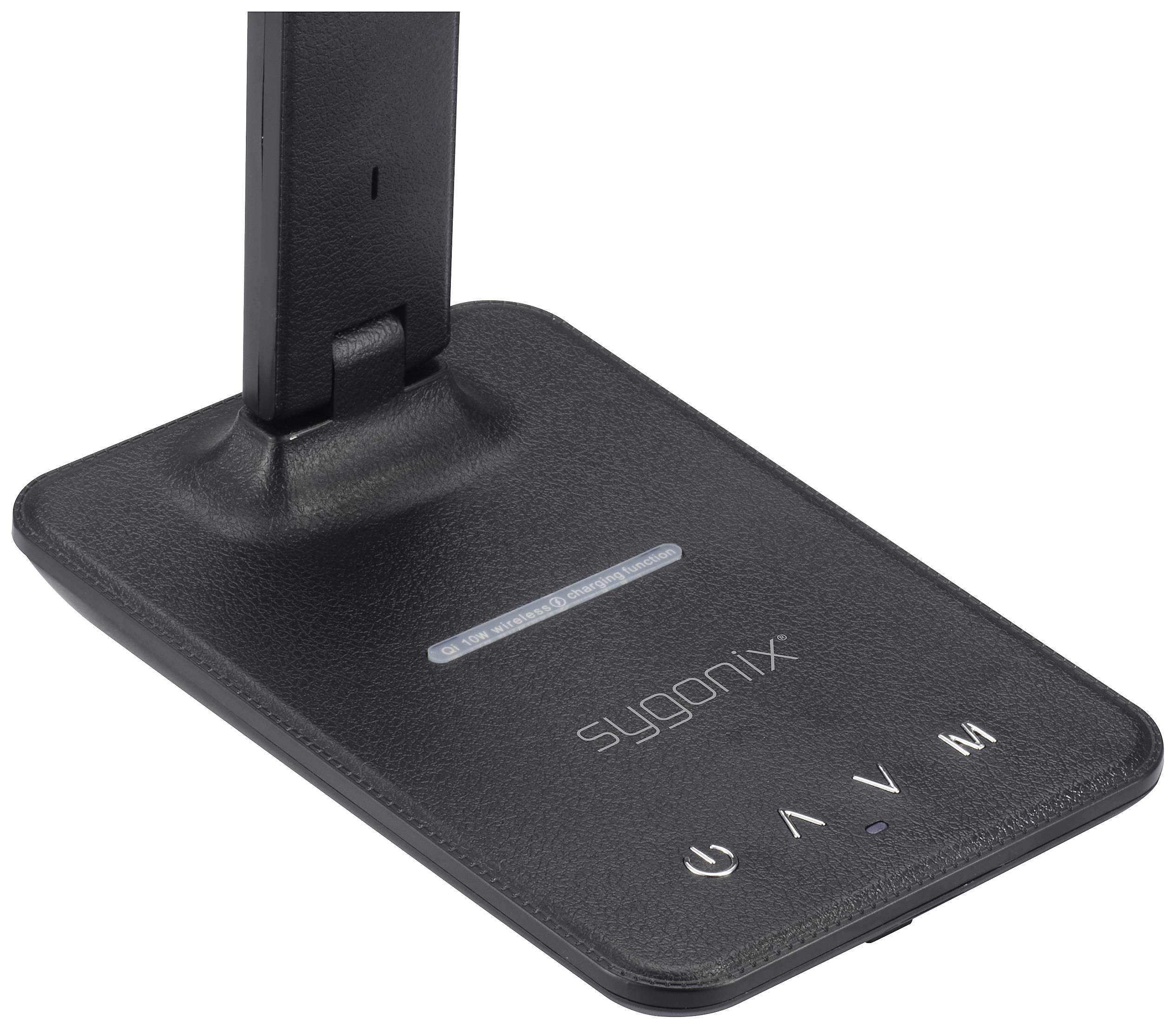 Ein schwarzes Ladegerät mit einem Standfuß, zeigt Symbole für Ein/Aus, Pfeil nach oben, Pfeil nach unten und ein 'M'.