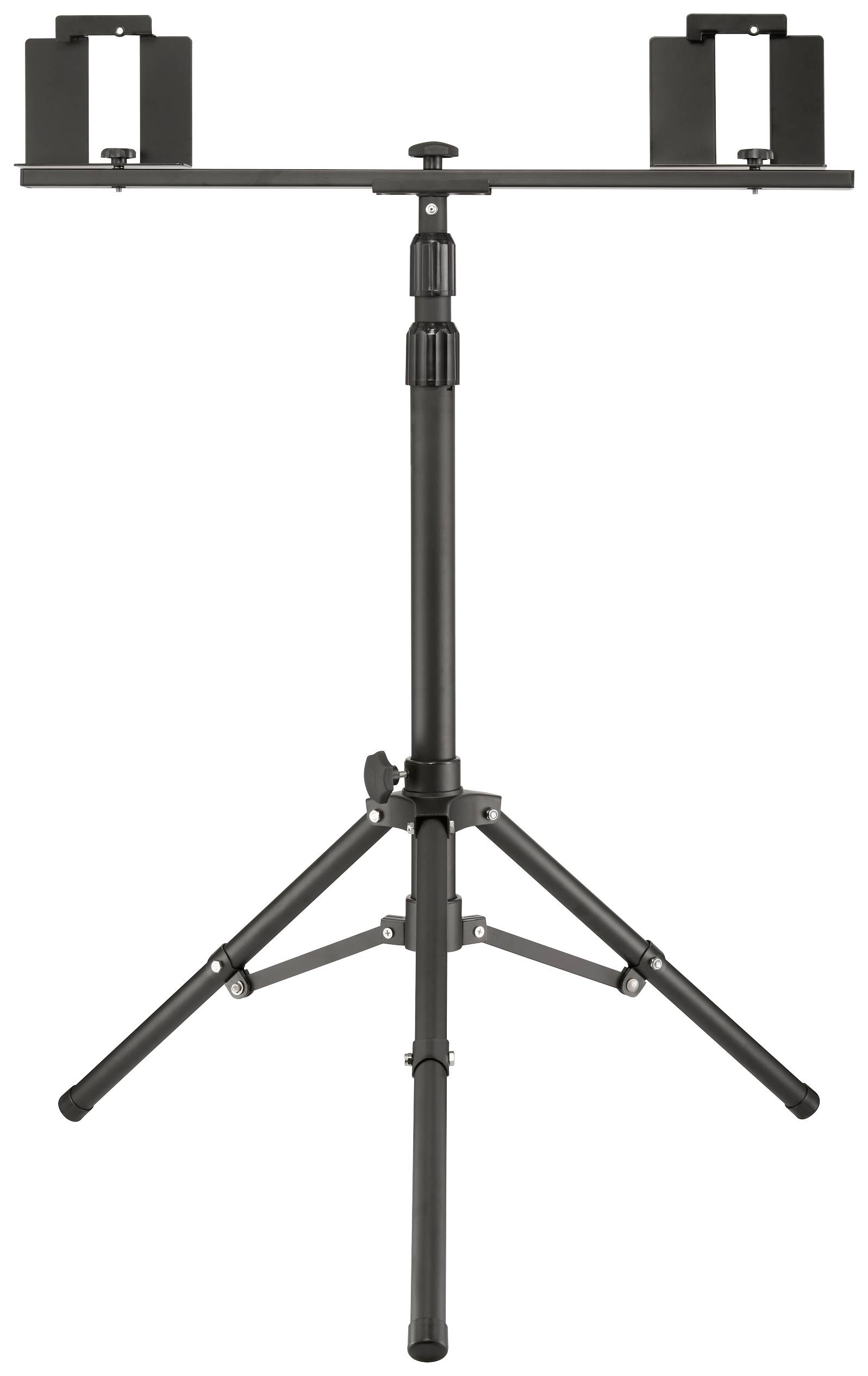 Dreibeinstativ mit höhenverstellbarem Mittelstab, zwei Halterungen für Geräte oben, geeignet für Musikinstrumente oder Audiogeräte.