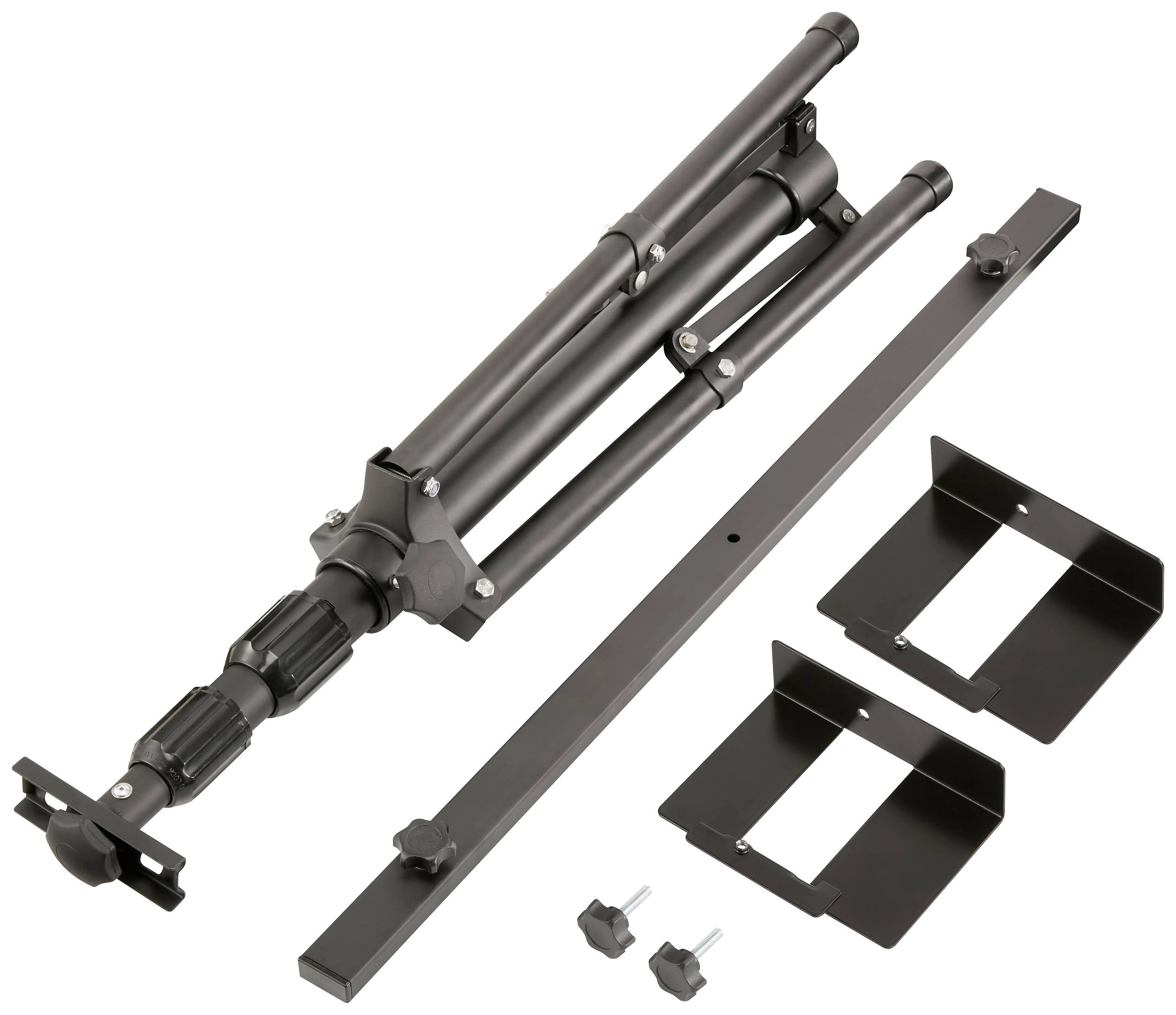 Ein schwarzes Stativ mit Zubehör, darunter zwei rechteckige Metallhalterungen und Montageschrauben.