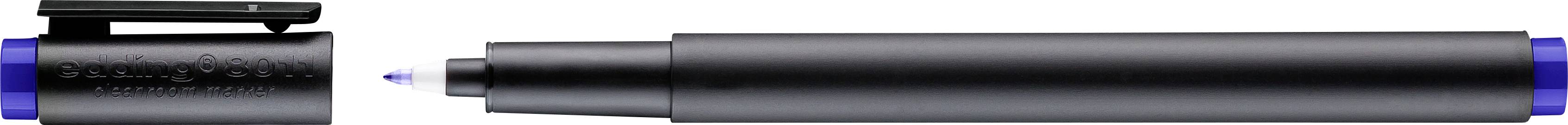 Ein schwarzer Filzstift mit abgenommener Kappe, die neben dem Stift liegt. Die Spitze des Stifts ist blau.