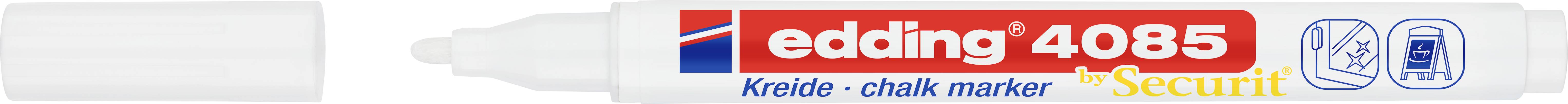 Beschriftungsmarker mit weißer Kappe. Markentext 'edding 4085 Kreide - chalk marker' auf rot-blauem Hintergrund.