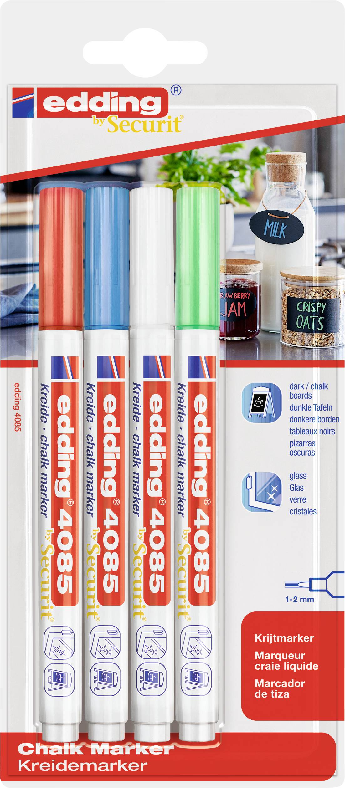 Edding 4085 4-4085-4-1BAS Kreidemarker Hellblau, Neongrün, Rot, Weiß 1 mm, 2 mm