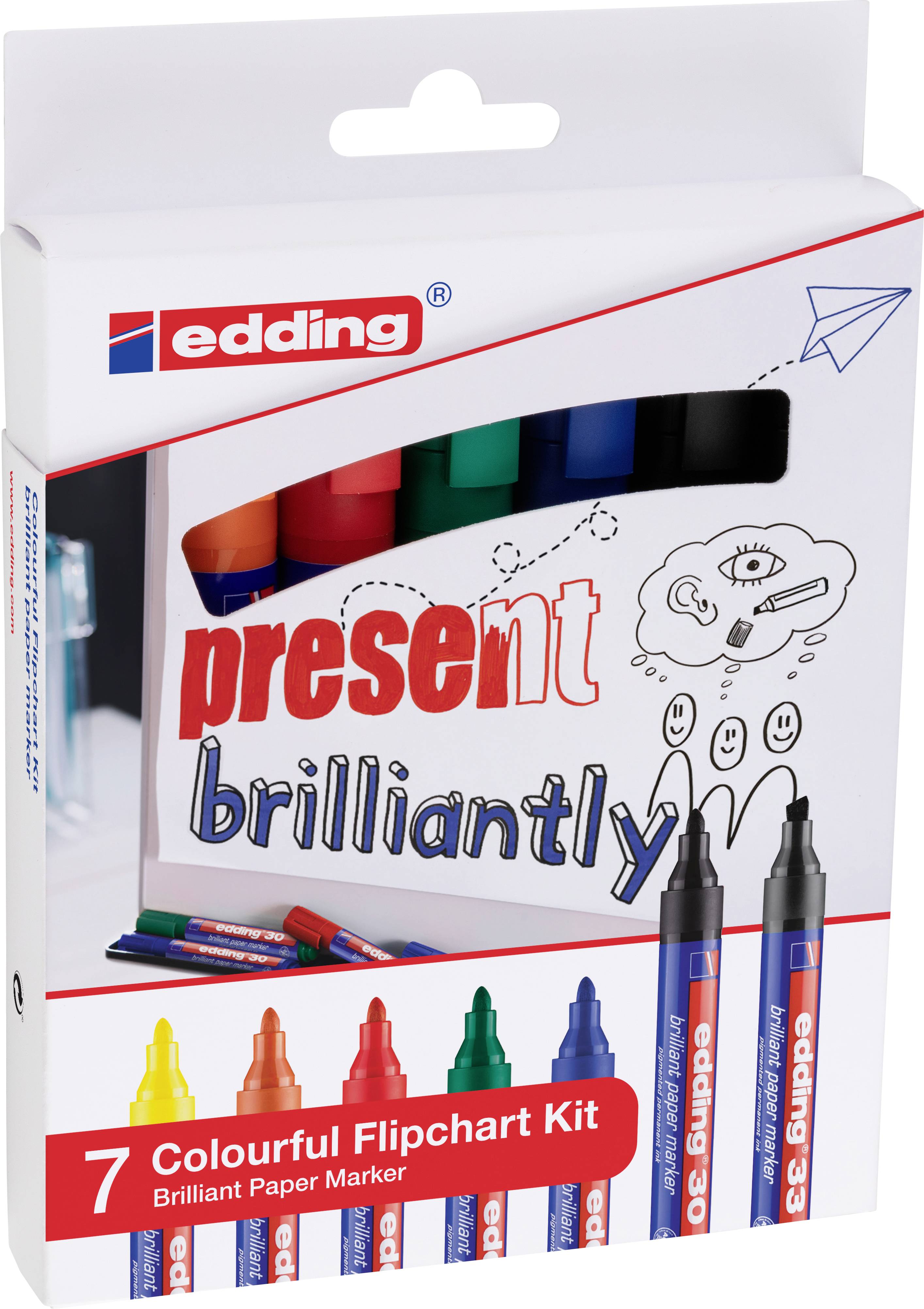 'Verpackung eines farbigen Flipchart-Kits von Edding mit 7 Markern in verschiedenen Farben. Text: "Present brilliantly".'