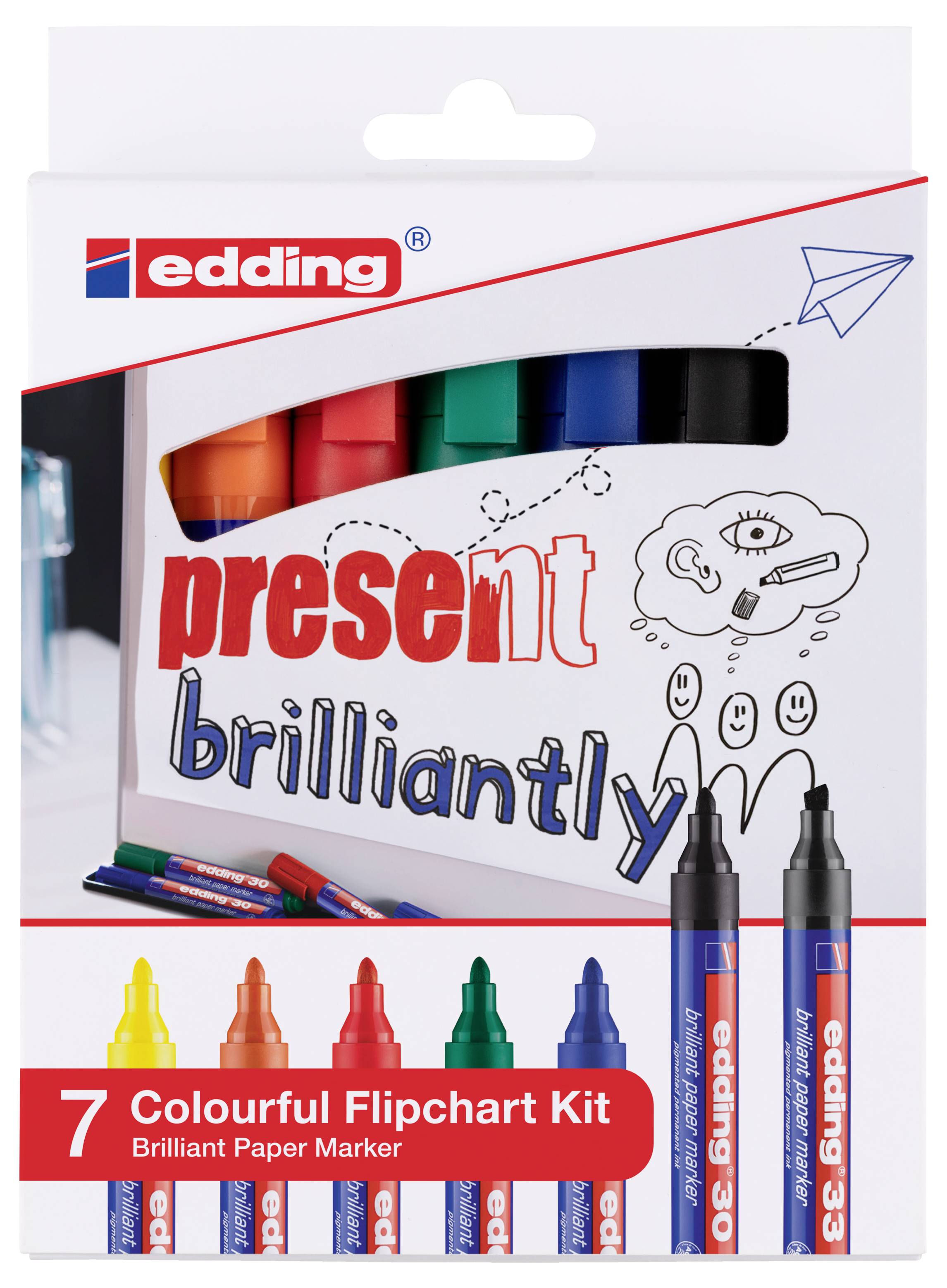 Verpackung für ein edding 7 Farbenfroher Flipchart-Set mit sieben leuchtenden Markern und den Worten „brillant präsentieren" auf der Schachtel.