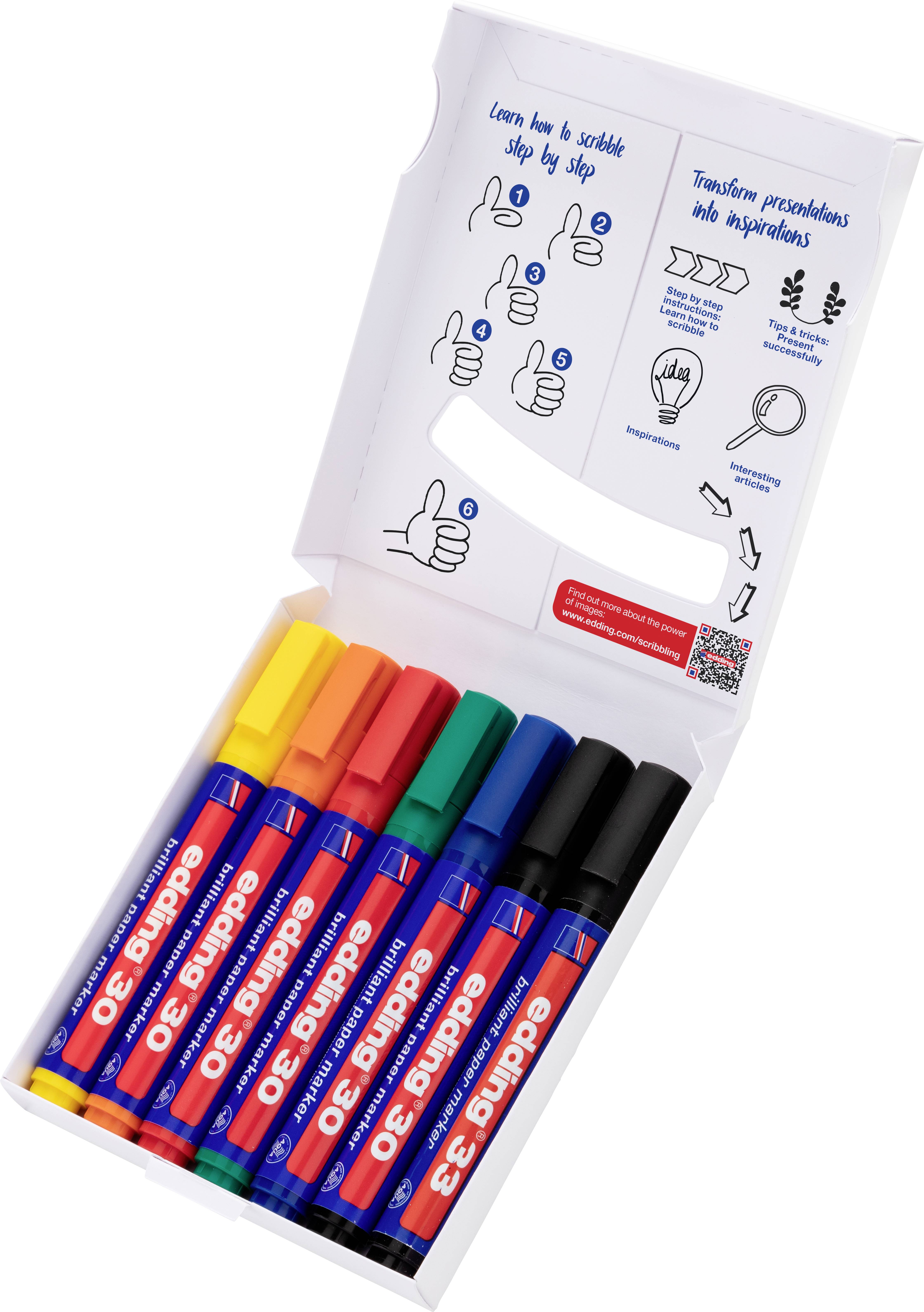 Sechs bunte Whiteboard-Marker in einer offenen Verpackung. Auf der Innenseite der Verpackung sind Anleitungen und Symbole abgebildet.