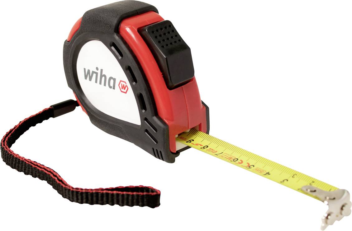Ein ausgerolltes Maßband mit einem Gehäuse in Schwarz und Rot, Marke 'Wiha'.