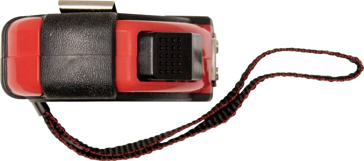 Handkurbel-Taschenlampe mit rotem und schwarzem Design und Trageband.