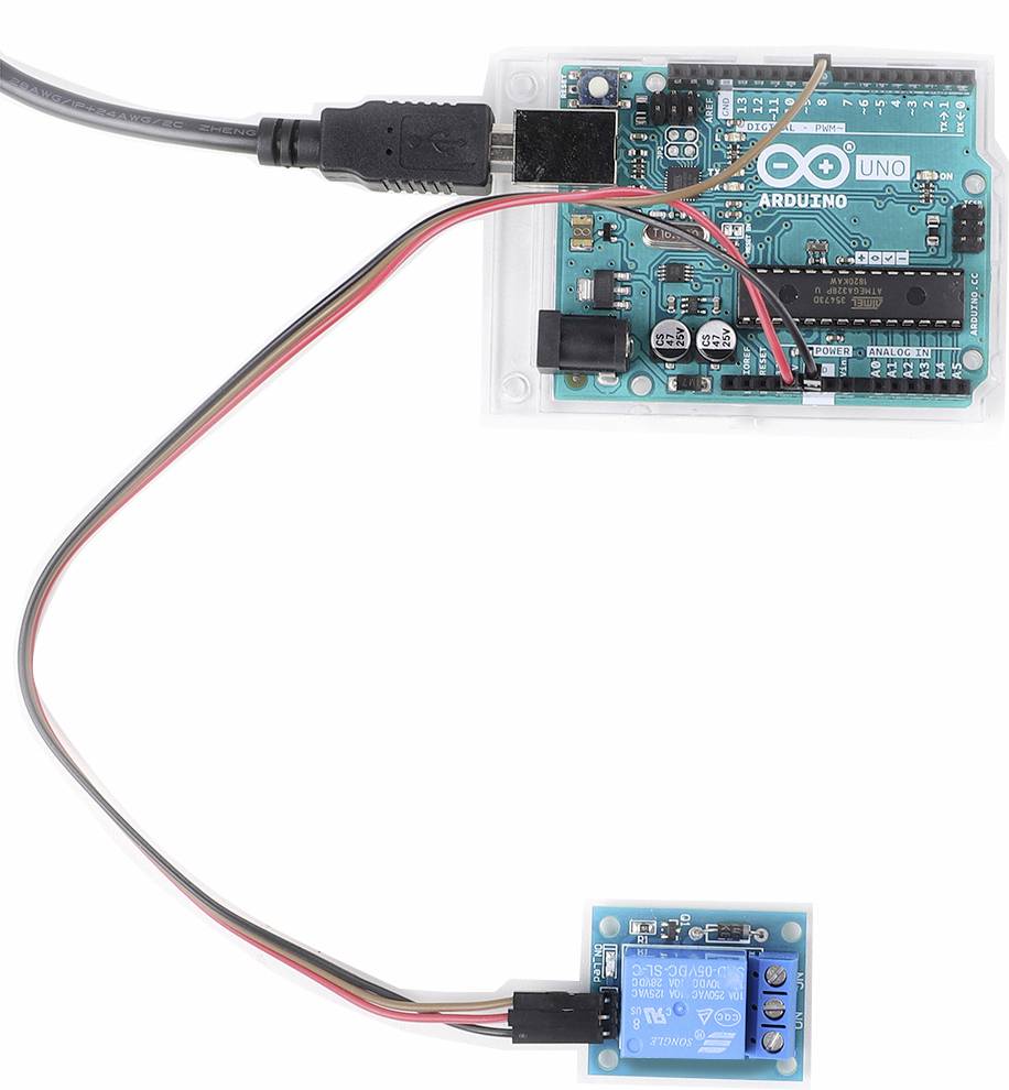 Ein Arduino-Board ist mit einem Relaismodul verbunden. Kabeln bieten die elektrische Verbindung zwischen den Komponenten.