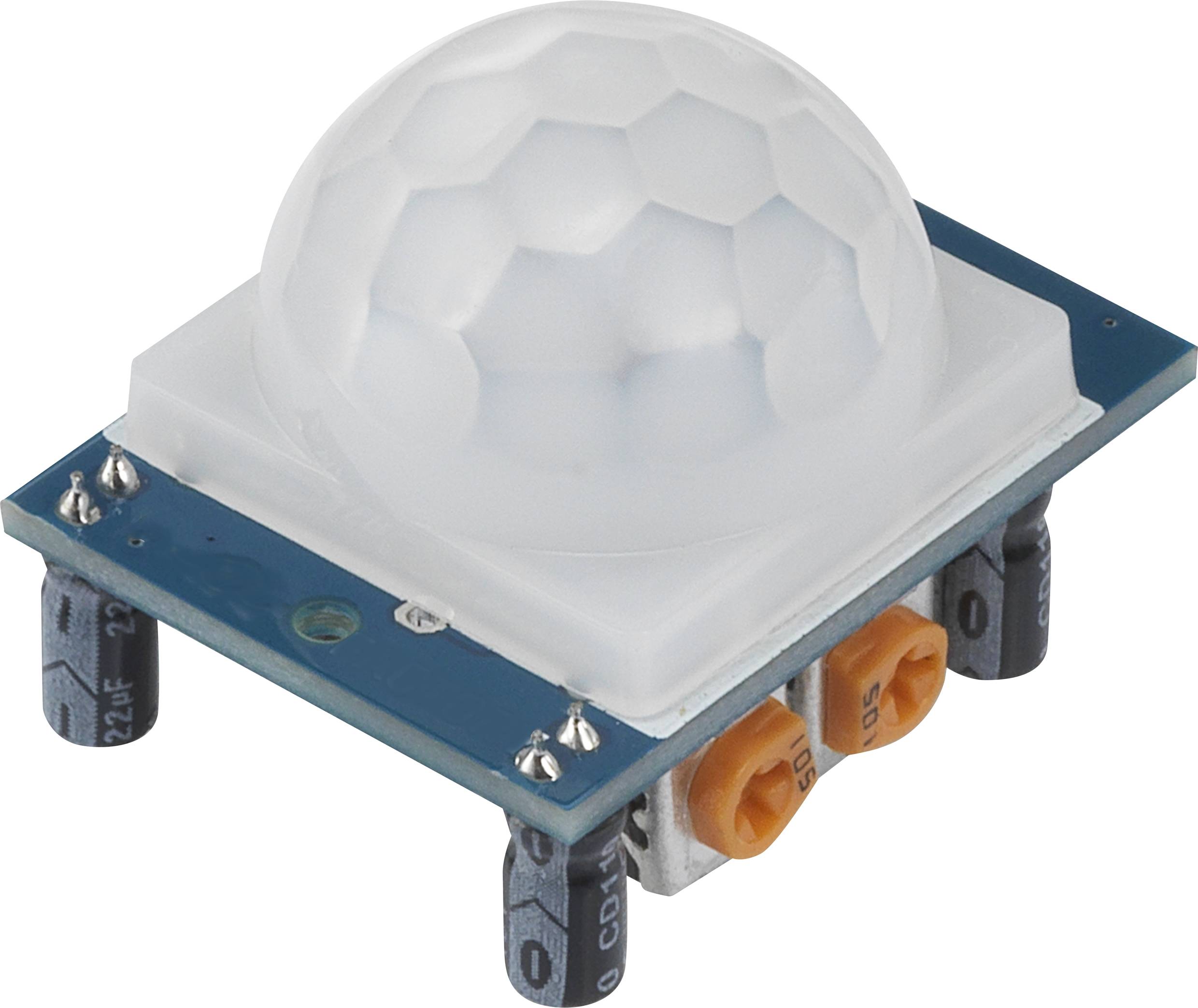 Ein Infrarot-Bewegungssensor mit einem weißen kuppelförmigen Detektor auf einer blauen Elektronikplatine, bereit zur Montage.