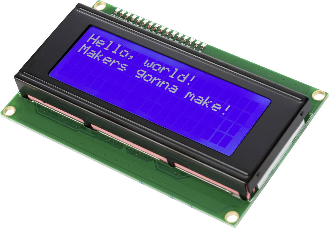 LCD-Display zeigt: 'Hello, world! Makers gonna make!'.