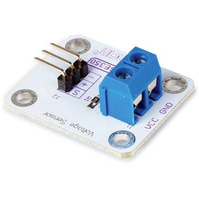 Spannungssensor-Modul mit blauer Klemmenleiste und drei Stiften auf einer weißen Platine, zur Messung elektrischer Spannung.