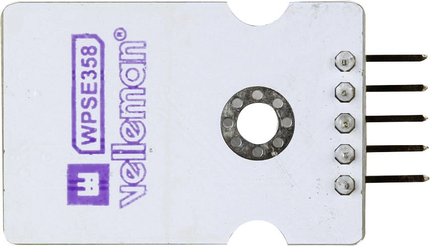 Elektronisches Bauteil mit der Beschriftung 'WPSE358 Velleman', fünf Metallstiften und einer zentralen Öffnung.