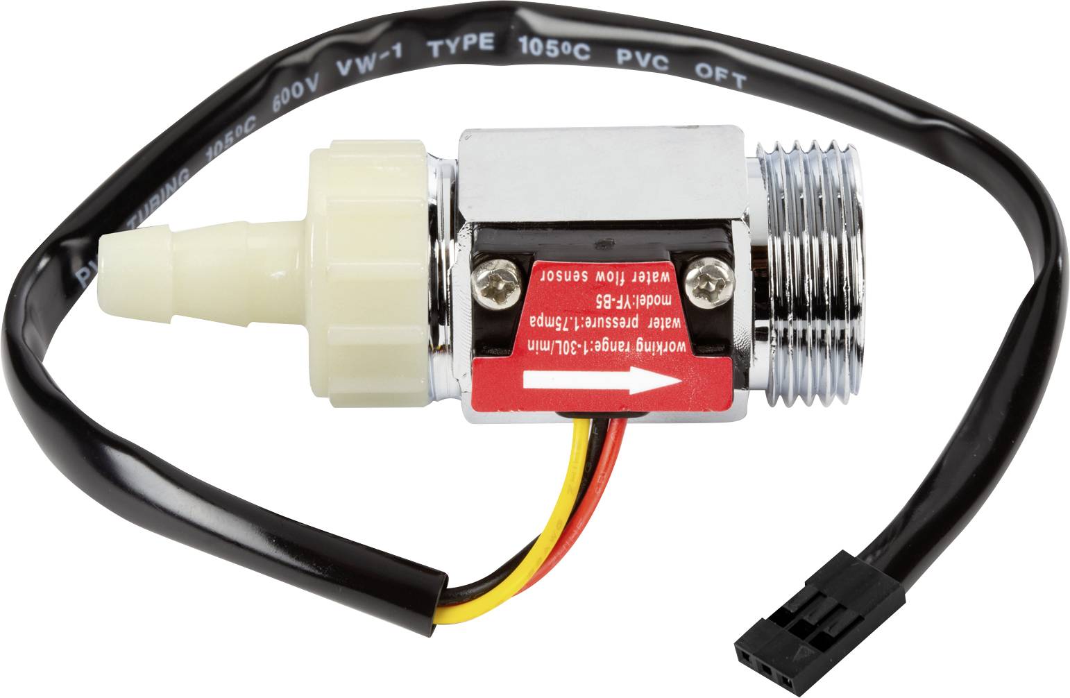 Durchflusssensor mit Kunststoffgewinde, Kabel und Stecker, für die Messung von Flüssigkeitsdurchfluss in Rohrsystemen.