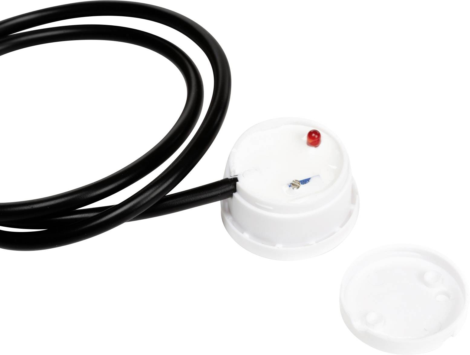 Weißer Sensorgehäuse mit Kabel, offenem Deckel und einer roten LED.