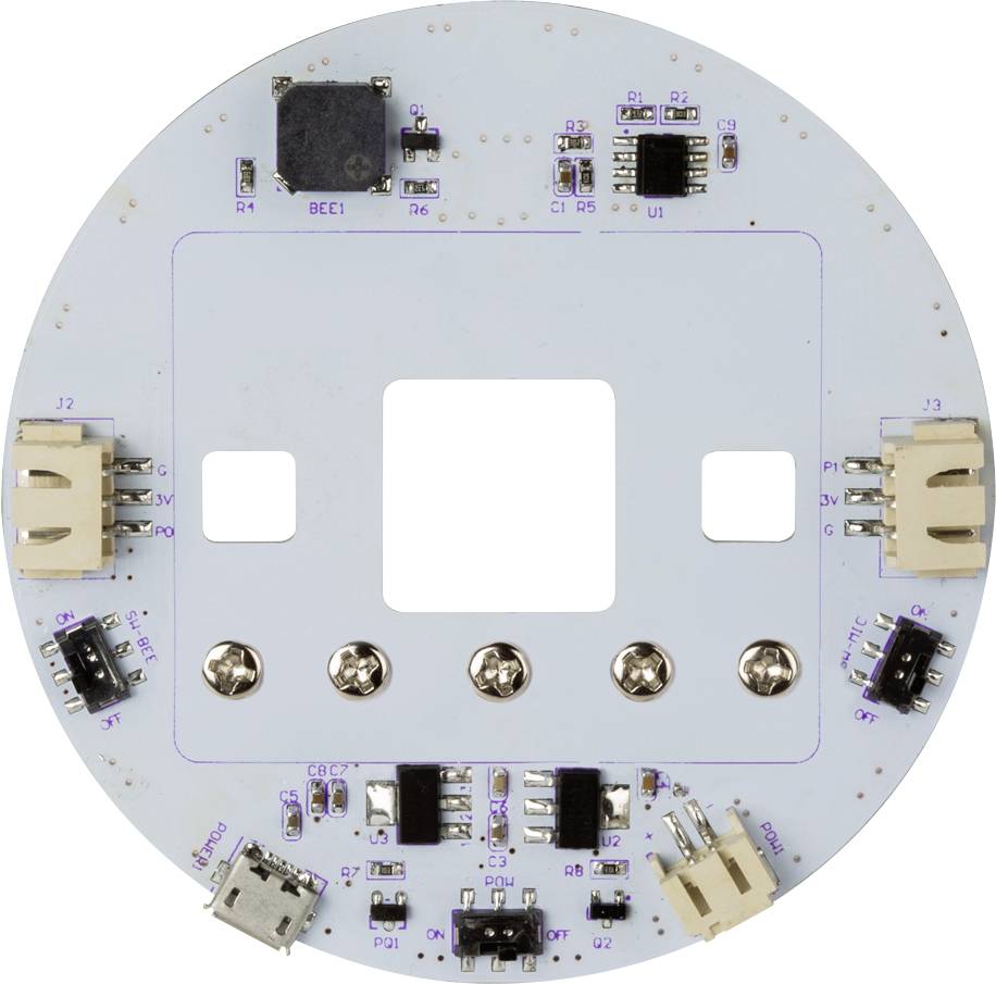 Runde elektronische Platine mit verschiedenen Komponenten wie Steckverbindern, Chips und Anschlüssen, zentraler rechteckiger Ausschnitt.