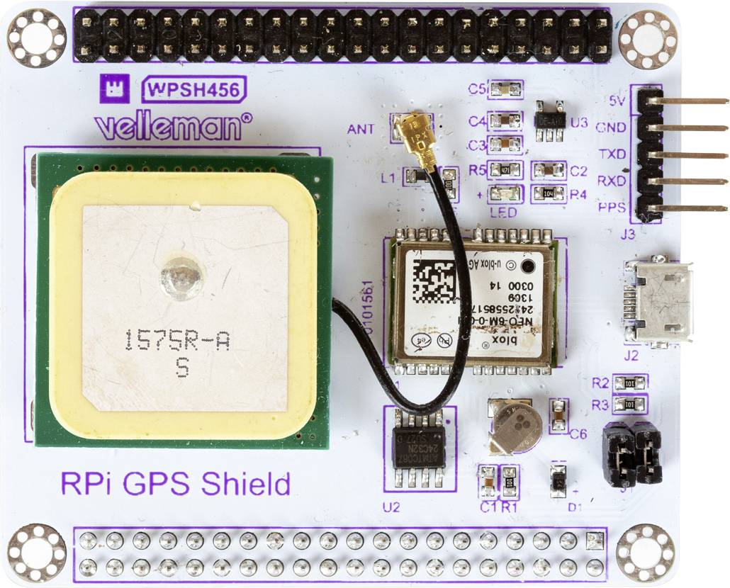 'RPi GPS Shield' von Velleman, eine Erweiterungsplatine für Raspberry Pi mit GPS-Modul, Antennenanschluss und mehreren Steckverbindern.