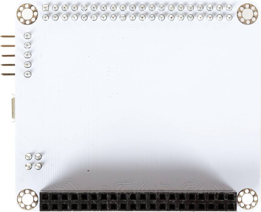 Eine weiße elektronische Platine mit mehreren Anschlüssen und Lötstellen. Oben sind mehrere Reihen von Anschlusspunkten sichtbar.
