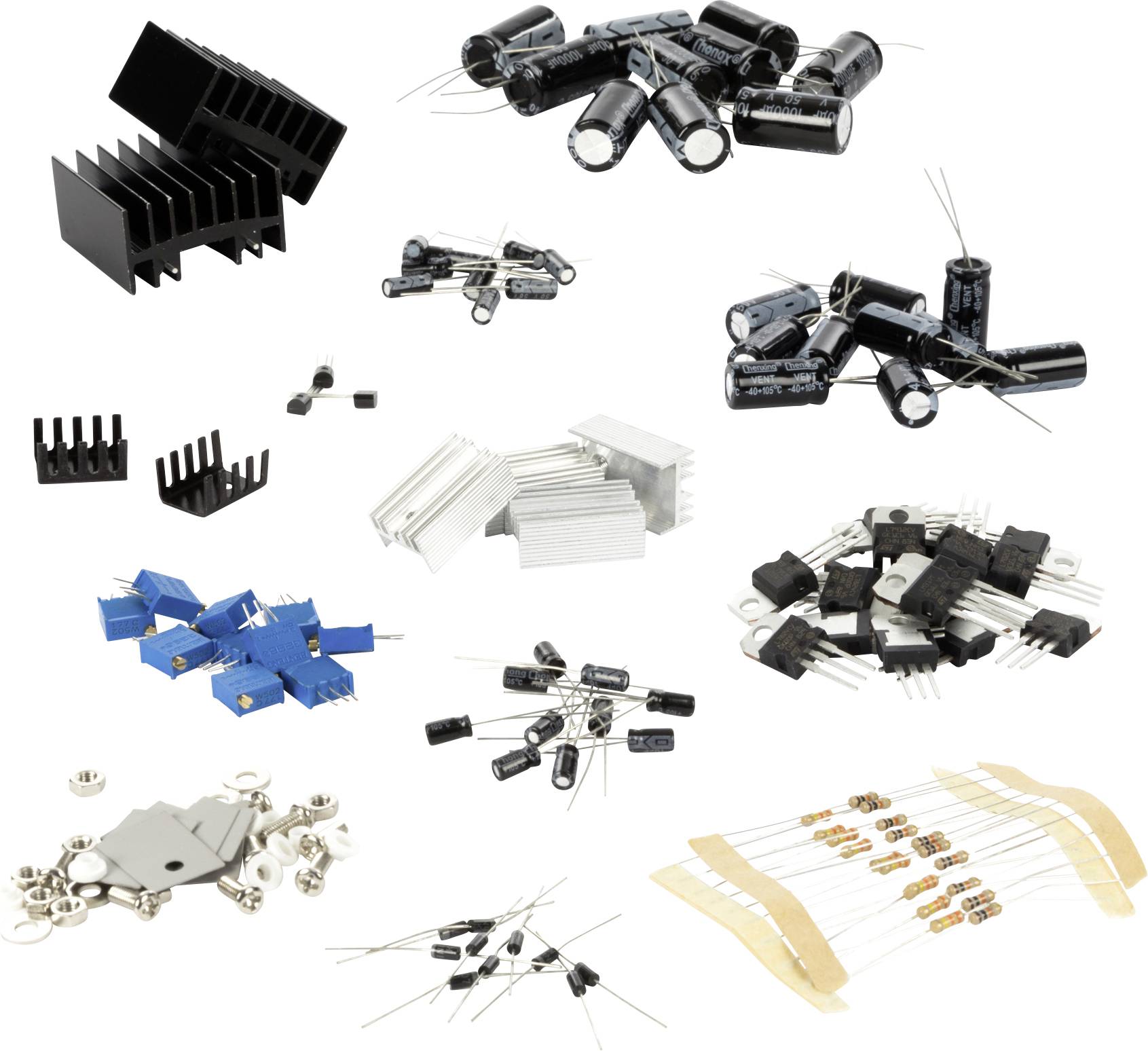 Eine Sammlung verschiedener elektronischer Bauteile, darunter Kühlkörper, Kondensatoren, Potentiometer, Dioden und Widerstände.