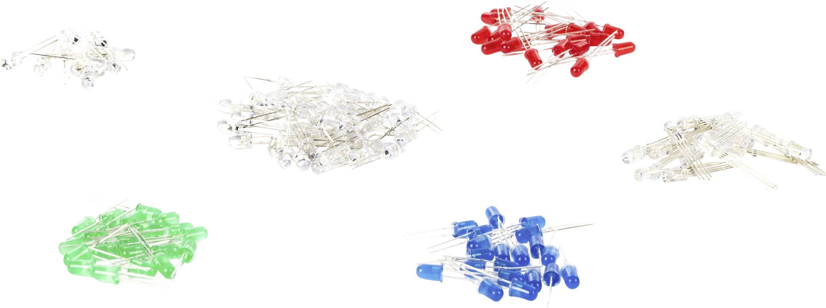 Mehrere Gruppen von LEDs in den Farben Rot, Grün, Blau und Weiß. Jede Gruppe ist ungeordnet und repräsentiert verschiedene LED-Typen.