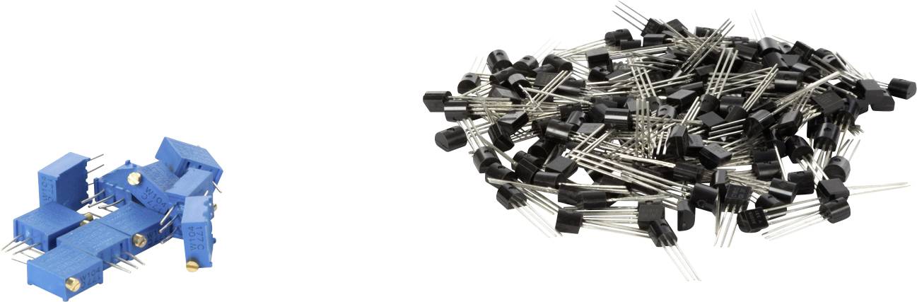 Ein Haufen blauer Trimmer-Potentiometer links und eine große Menge schwarzer Transistoren rechts, jeweils mit Metallanschlüssen.