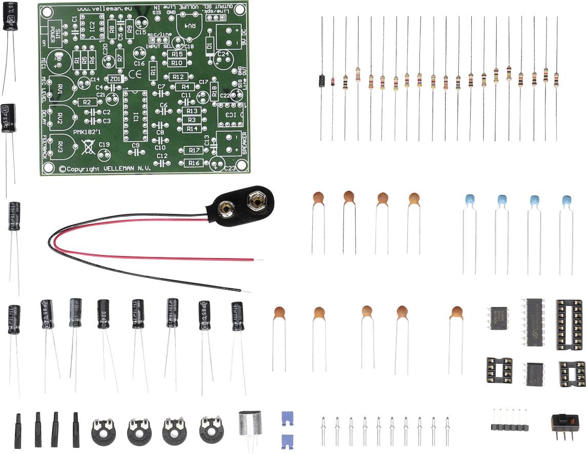 Elektronik-Bausatz mit Platine, Widerständen, Kondensatoren, Transistoren und weiteren Bauteilen zur Montage eines Schaltkreises.