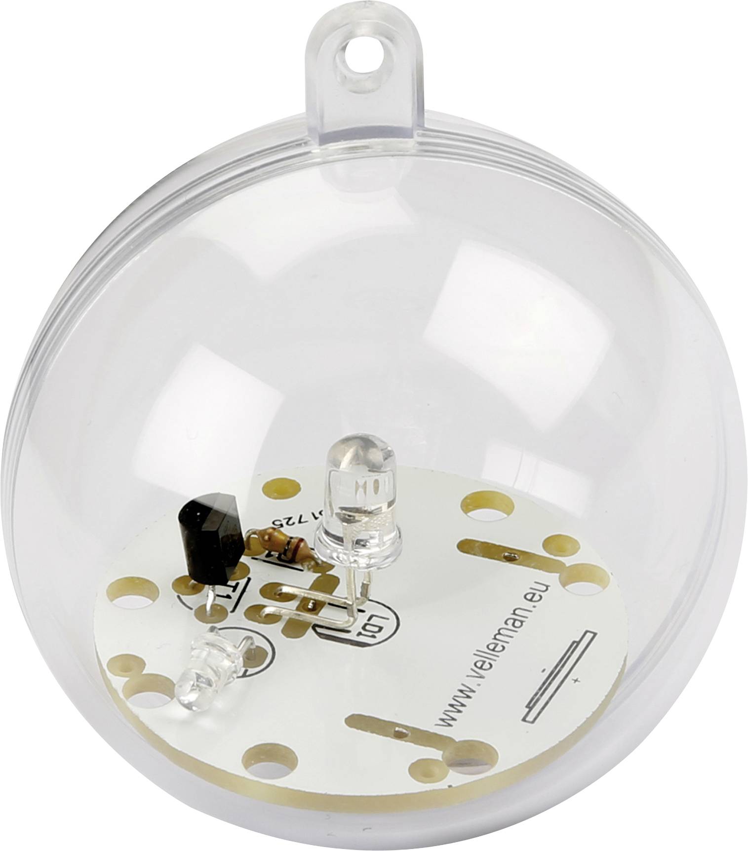 Durchsichtige Plastikkugel mit sichtbarer Elektronik und zwei LEDs im Inneren.