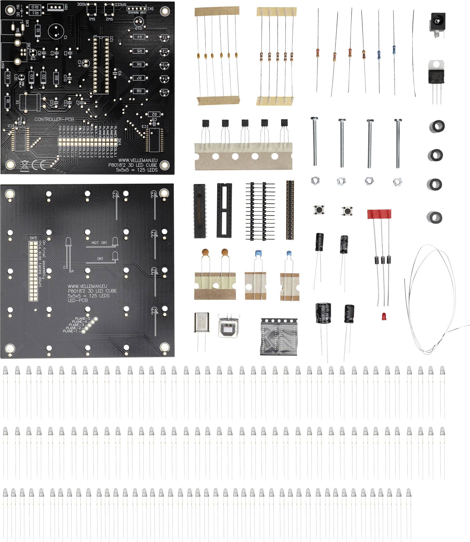 Elektronik-Bausatz mit Leiterplatte, Widerständen, Kondensatoren, LEDs, Dioden und weiteren Bauteilen zur Montage und Schaltung.