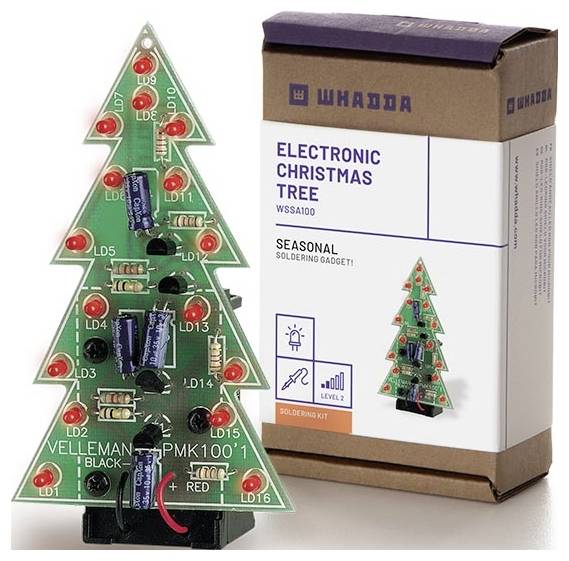Ein Bausatz eines elektronischen Weihnachtsbaums neben seiner Verpackung, die Informationen und Zeichnungen des fertigen Produkts zeigt.