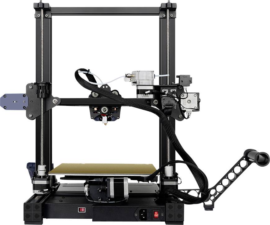 Ein 3D-Drucker mit offenem Rahmen und beheizter Druckplattform, geeignet für den Druck von Kunststoffmodellen zu Hause oder in Werkstätten.