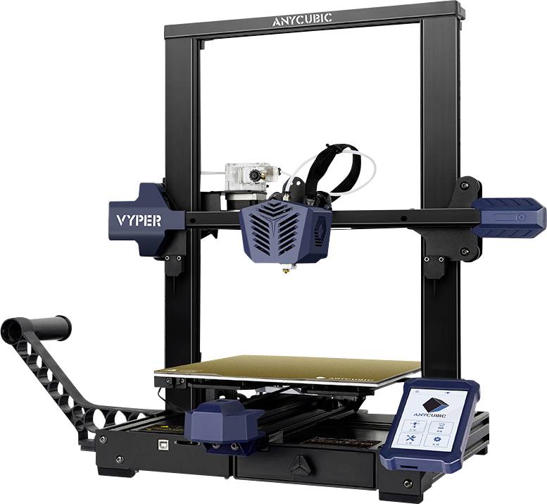 3D-Drucker mit rechteckigem Rahmen und Touchscreen-Display; er druckt Schicht für Schicht Objekte aus Kunststoffmaterial.