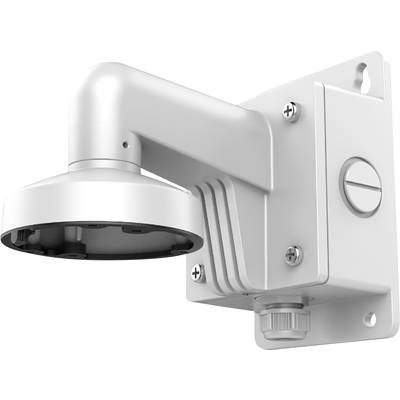 Weiße, wandmontierte CCTV-Kamerahalterung mit Kabelanschluss und Befestigungsschrauben, geeignet für Überwachungskameras.