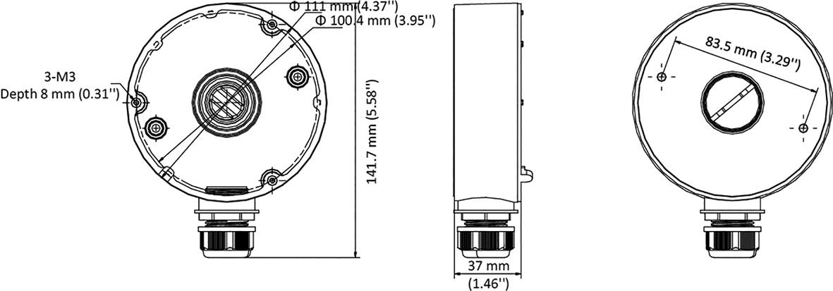 Technische Zeichnung eines zylindrischen Geräts mit Abmessungen: Durchmesser 111 mm, Tiefe 37 mm, Höhe 141,7 mm. Schraubenpositionen markiert.