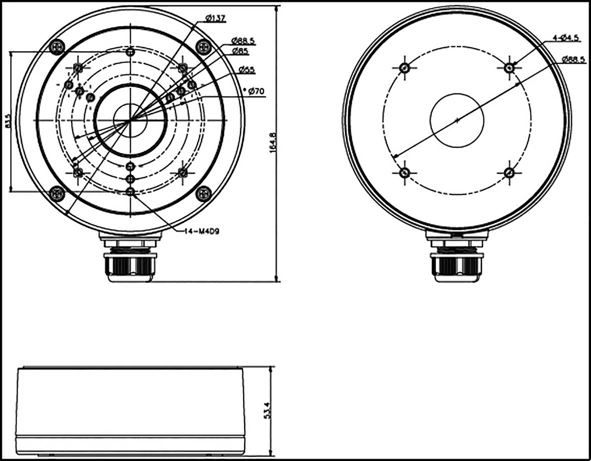Technische Zeichnung einer runden Halterung mit Maßen. Oben- und Seitenansicht zeigen Befestigungspunkte und Durchmesser.