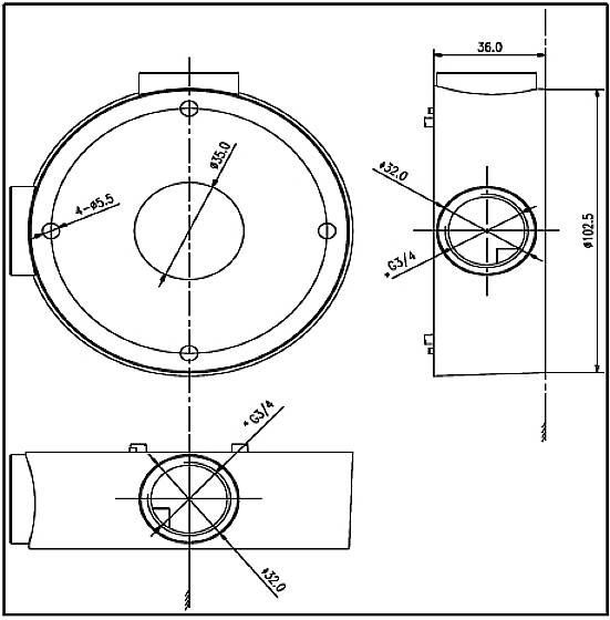 Technische Zeichnung eines zylindrischen Teils mit Abmessungen in drei Ansichten. Oben: Durchmesser 135 mm, Seitenmaße 36 mm, 102.5 mm.
