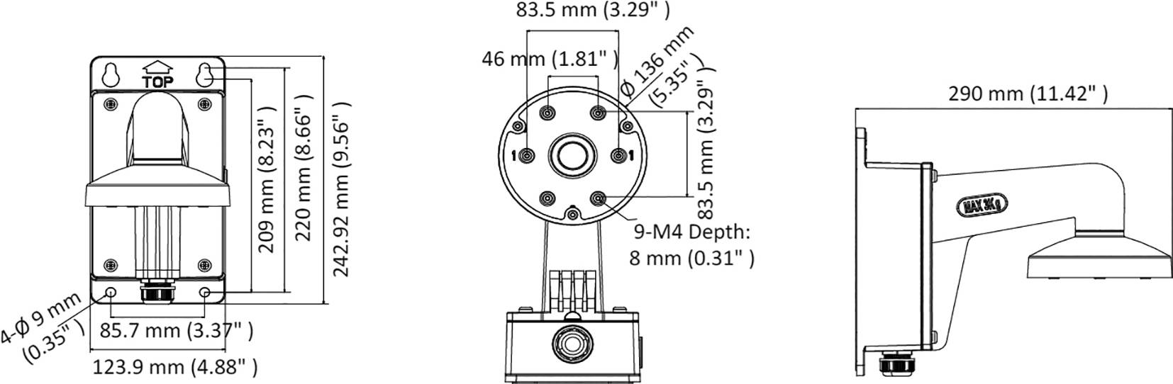 Technische Zeichnung eines Überwachungskamerasystems mit Abmessungen: Breite 209,9 mm, Höhe 242,92 mm, Tiefe 123,9 mm. Seitenansicht zeigt Arm von 290 mm Länge.