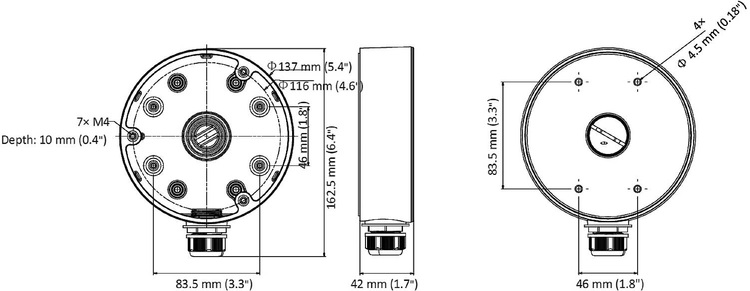 Technische Zeichnung einer runden Montagebox mit Abmessungen: Durchmesser 137,5 mm, Tiefe 42 mm, und weiteren Bohrungsdetails.