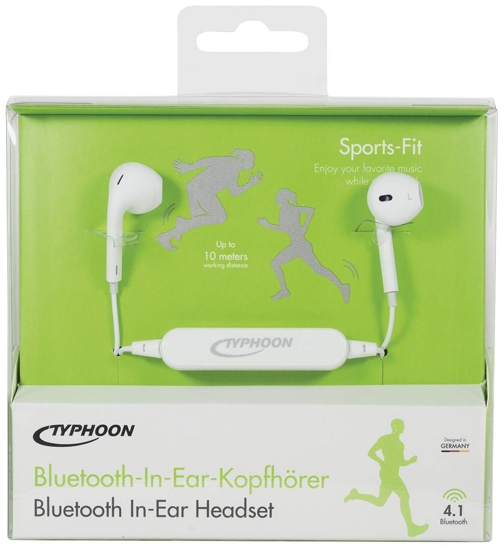 'Typhoon Bluetooth-In-Ear-Kopfhörer in Weiß, geeignet für Sport. Reichweite bis zu 10 Meter. Unterstützt Bluetooth 4.1.'