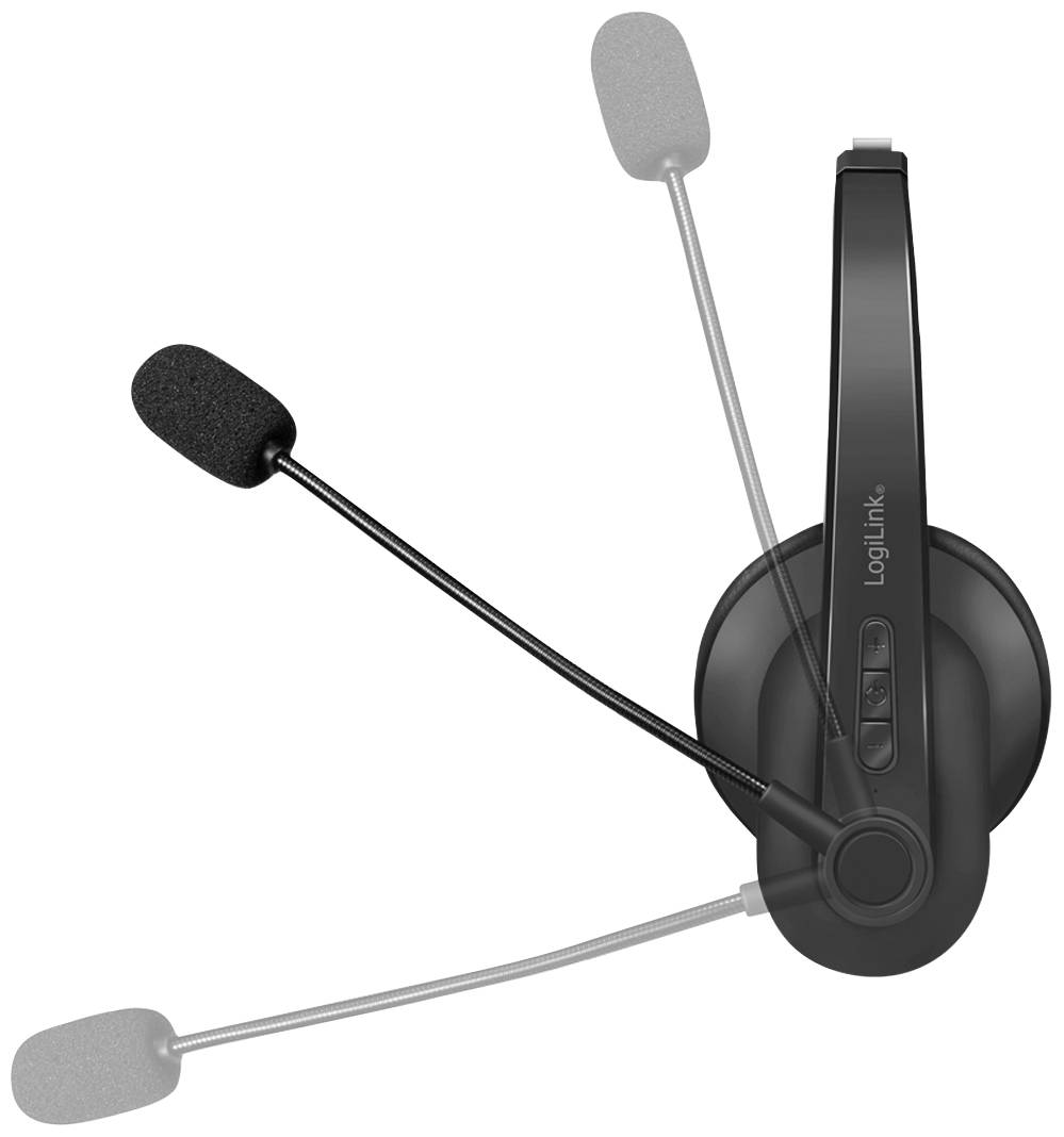 Schwarzes Headset mit verstellbarem Mikrofonarm, das Laustärketasten bietet.