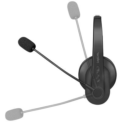 Schwarzes Headset mit verstellbarem Mikrofonarm, das Laustärketasten bietet.