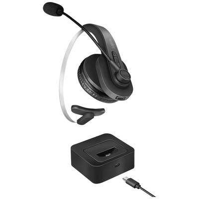 Kabelloses Headset mit Mikrofon und Ladegerät dargestellt. Enthält USB-C-Kabel zum Aufladen. Geeignet für Freisprechanrufe.