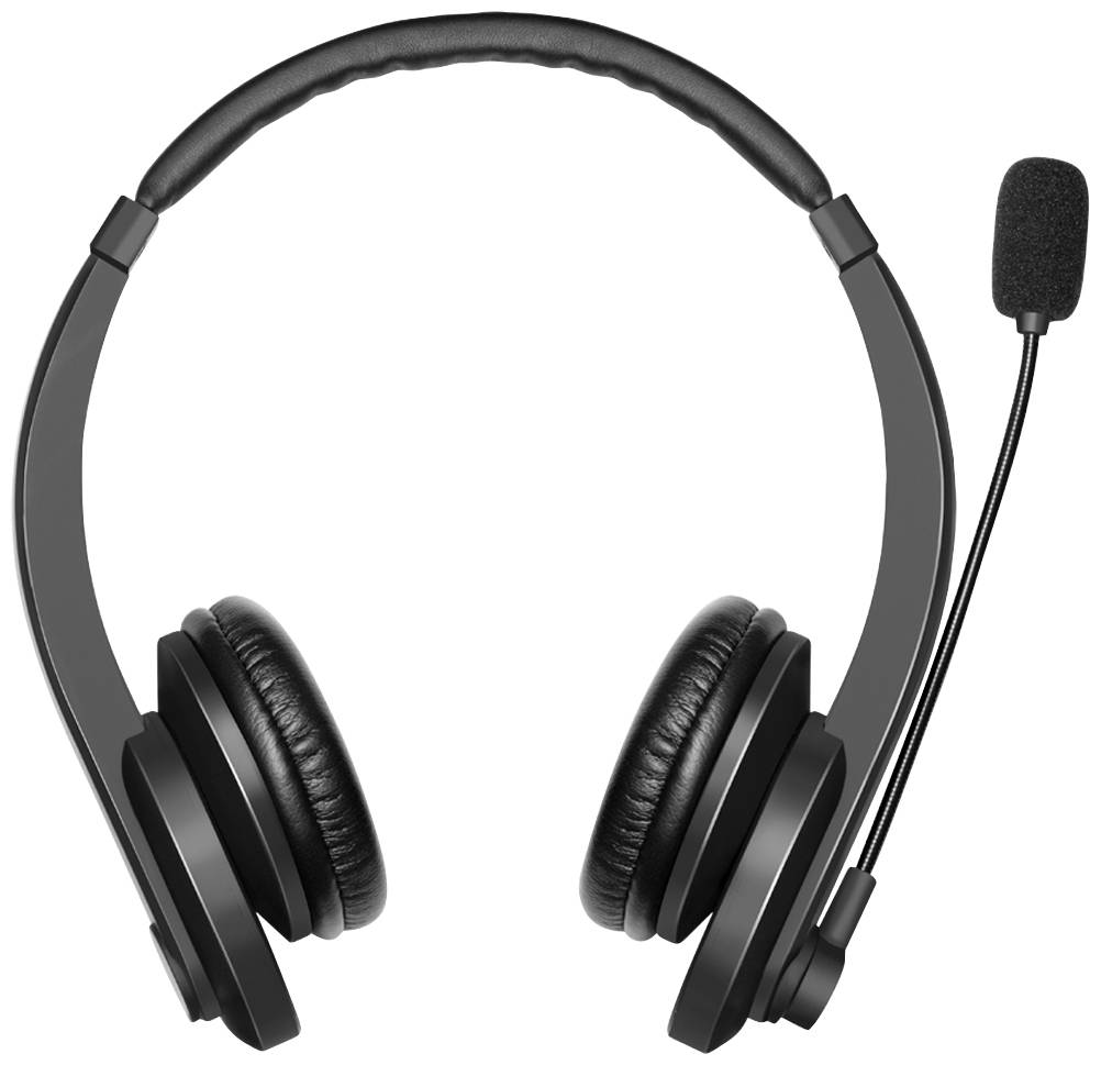 Schwarzes Headset mit Mikrofon, geeignet für Telefonate oder Online-Meetings, auf weißem Hintergrund.